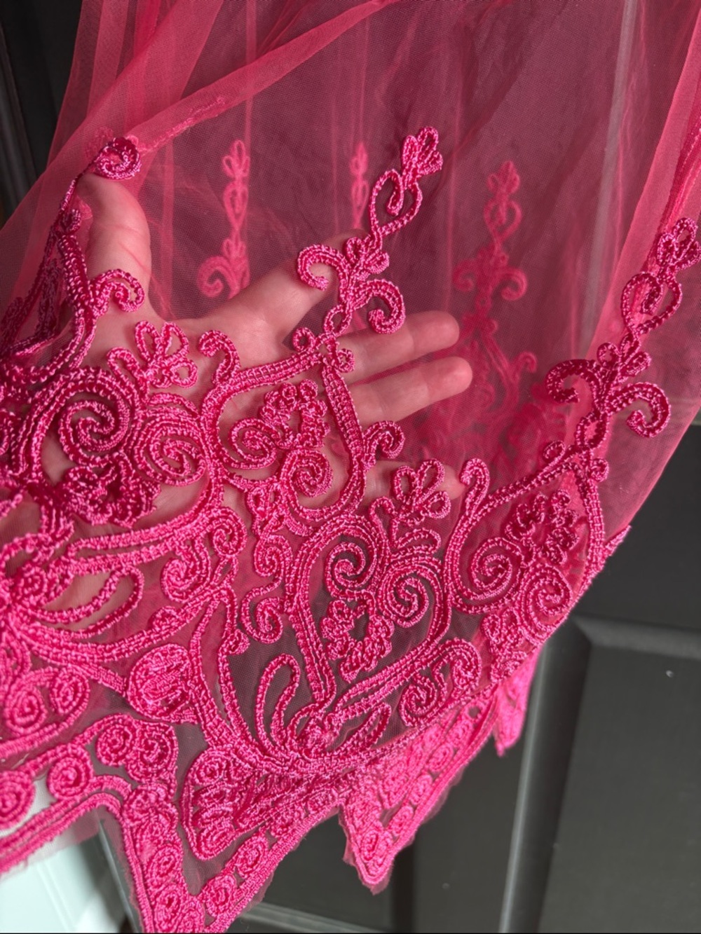 Sheer Embroidered Sleeveless Top - Hot Pink tulle and scalloped hem - Picture 5 of 6